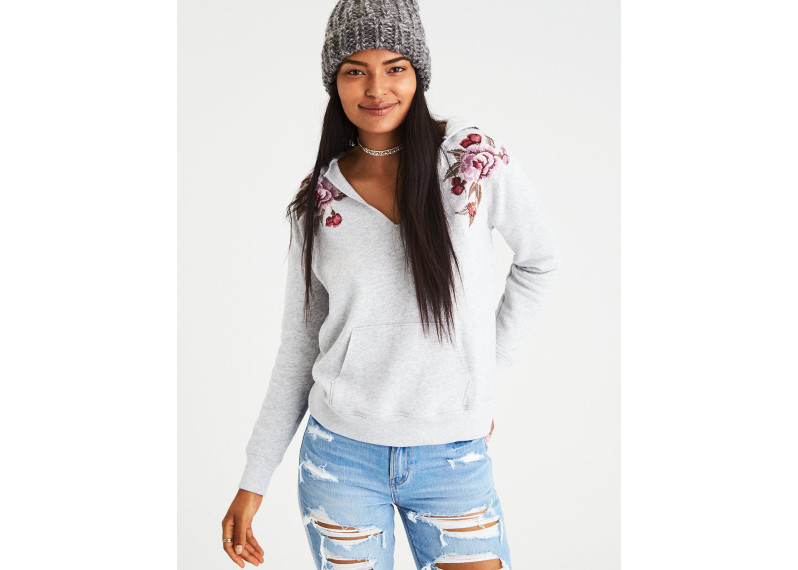 EMBROIDERED NOTCH-NECK HOODIE