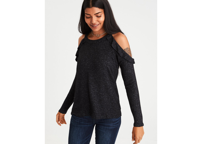 SOFT & SEXY PLUSH COLD SHOULDER RUFFLE SWEATSHIRT