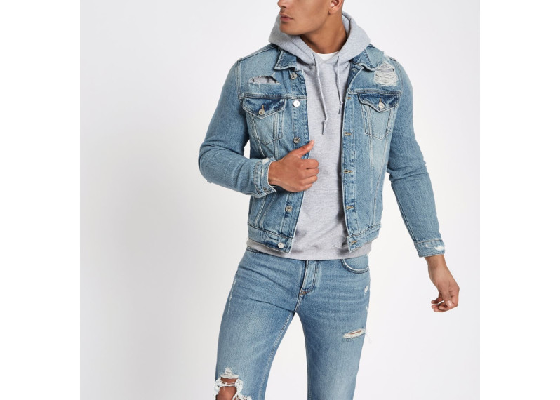 Blue classic fit ripped denim jacket