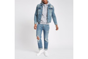 Blue classic fit ripped denim jacket