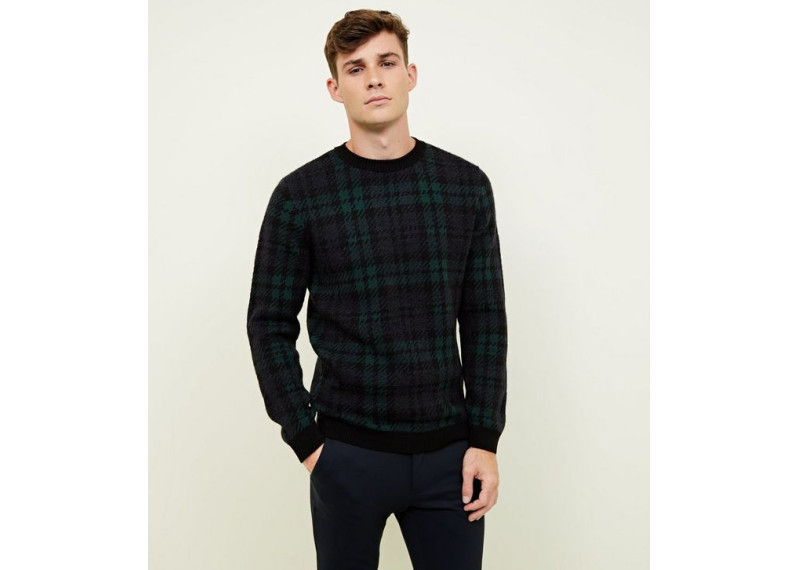 Navy Check Crew Neck Knitted Jumper