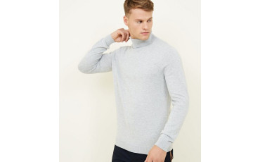 Pale Grey Ribbed Roll Neck Jumper