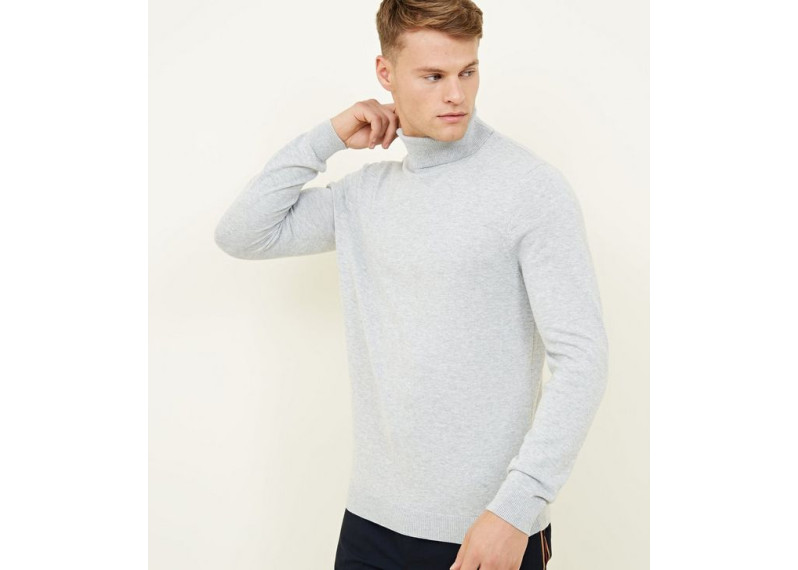 Pale Grey Ribbed Roll Neck Jumper