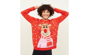 Red Knit 3D Reindeer Christmas Jumper