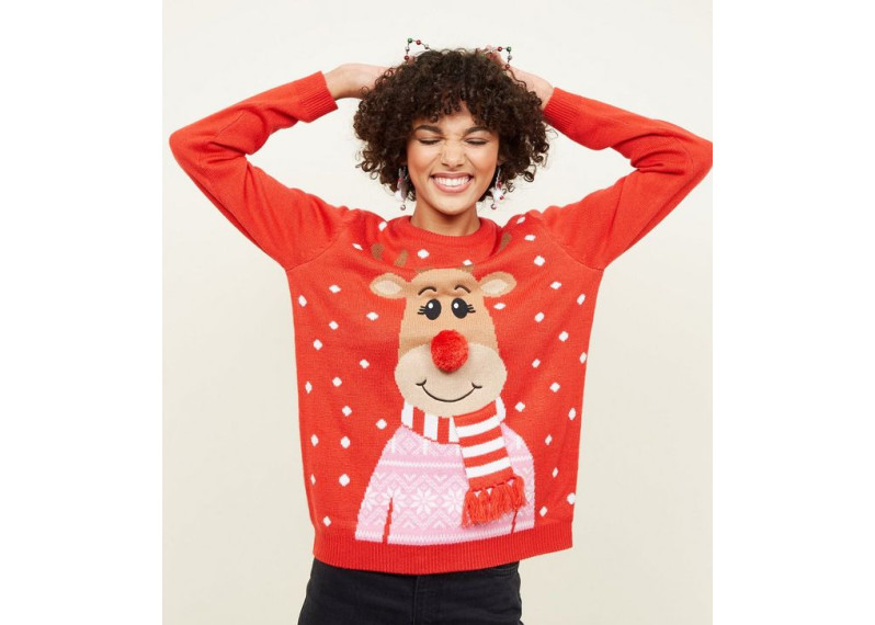 Red Knit 3D Reindeer Christmas Jumper