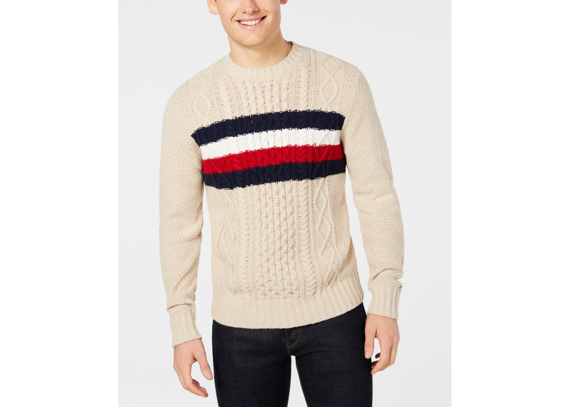 Men's Striped Chest Cable Knit Sweater