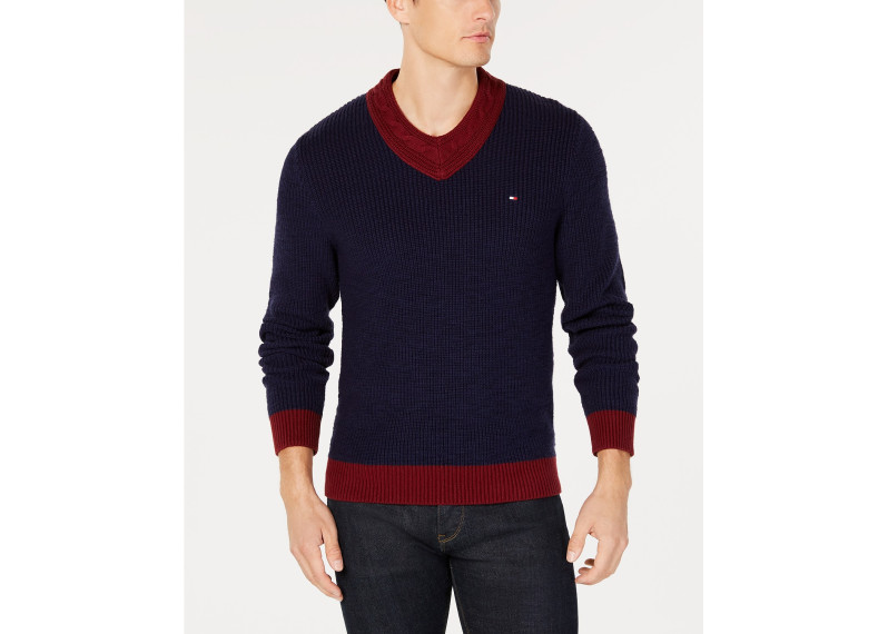 Men's Vince Colorblocked Cable-Knit V-Neck Sweater