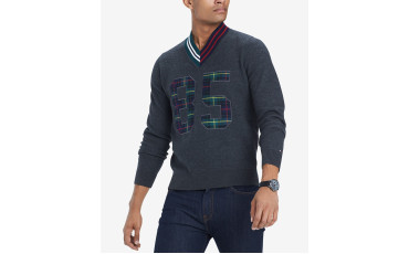 Men's Payne Plaid Appliqué V-Neck Wool Cricket Sweater