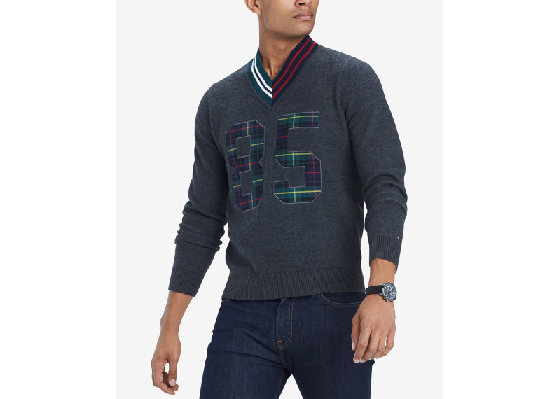 Men's Payne Plaid Appliqué V-Neck Wool Cricket Sweater