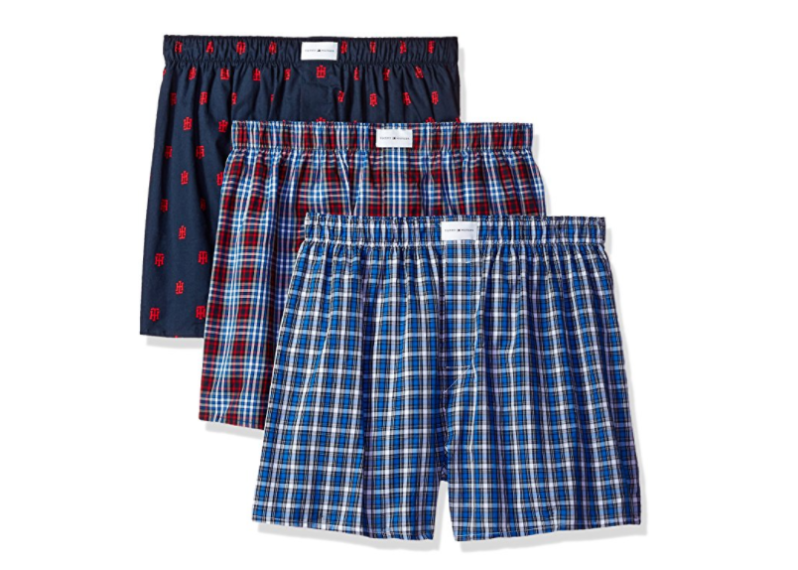 Tommy Hilfiger Men's Underwear 3 Pack Cotton Classics Woven Boxers - Red Plaid/Tommy Hilfiger Logo Print/Blue Plaid