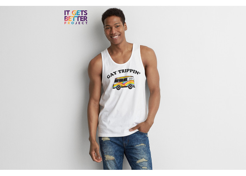 AEO PRIDE GAY TRIPPIN' GRAPHIC TANK - White